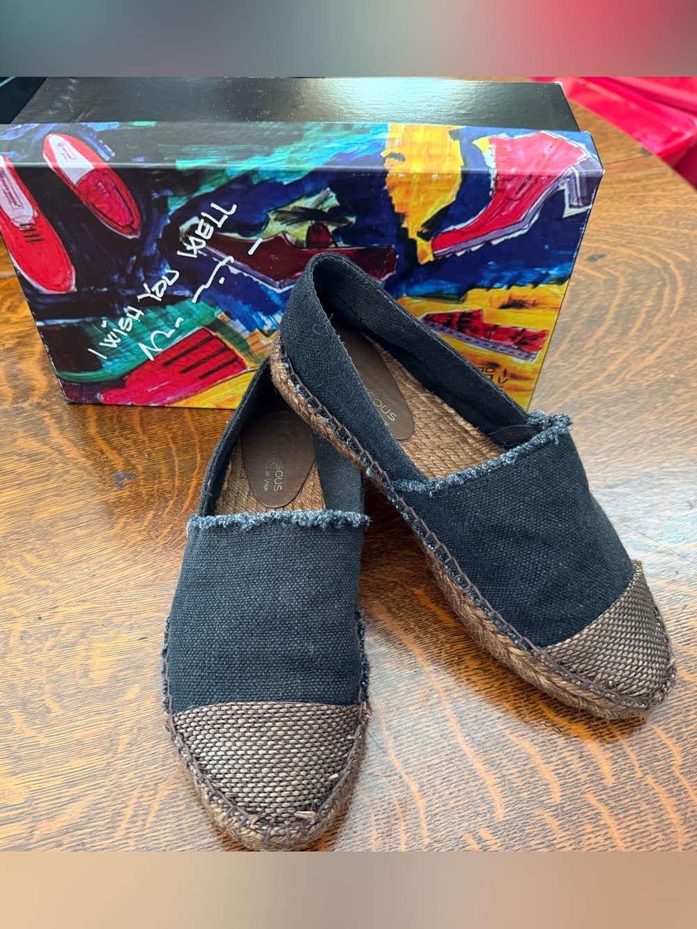 Andre Assous Black Canvas Espadrille with Brown Woven Toe Sz 9